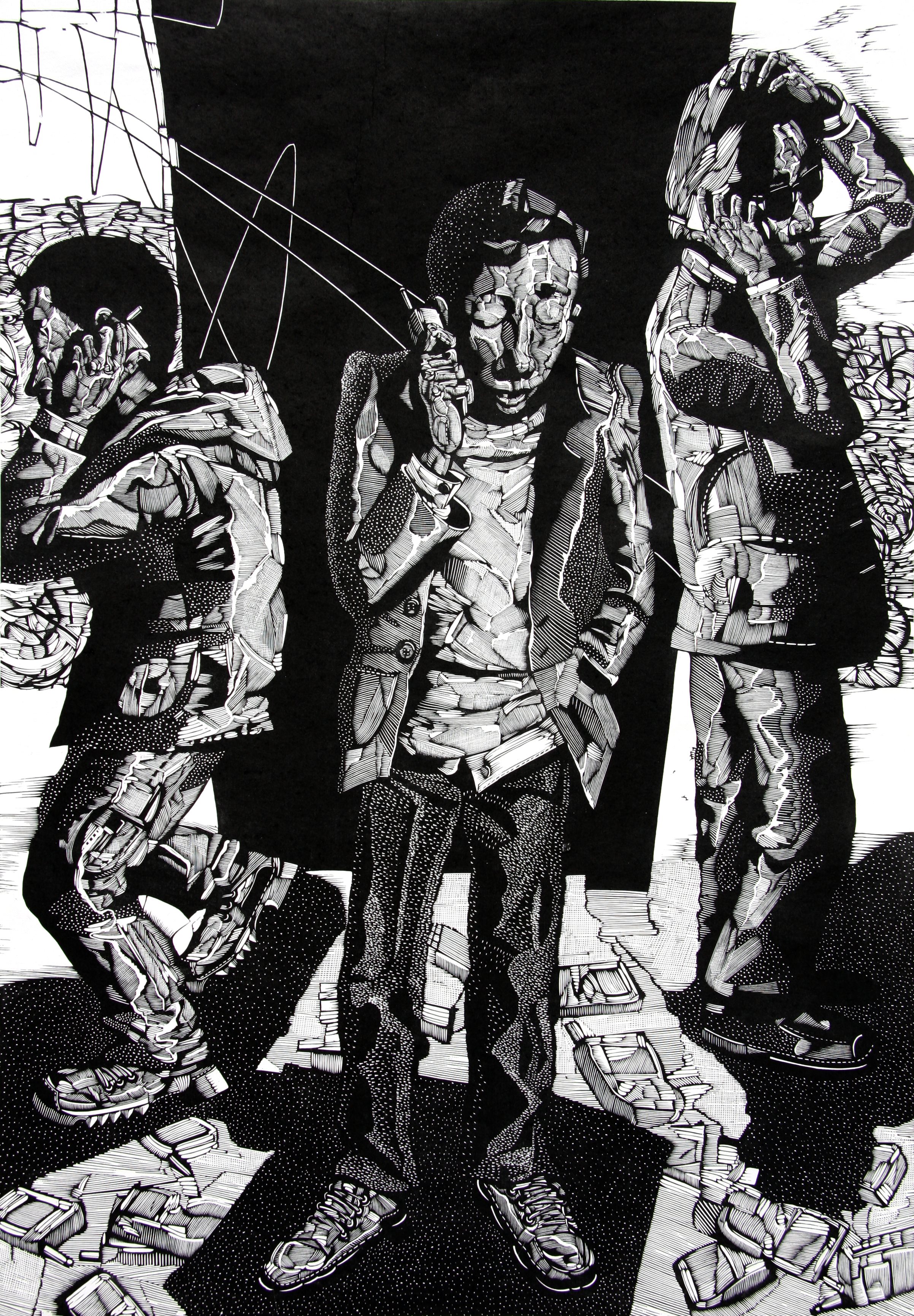 《信息爆炸》 黑白木刻版画 70cmx100cm 2008年7月(天津美术学院 版画